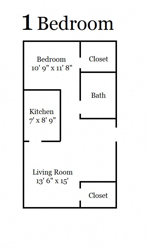 Floor plan for 1 bed, 1 bath, 600 sqft